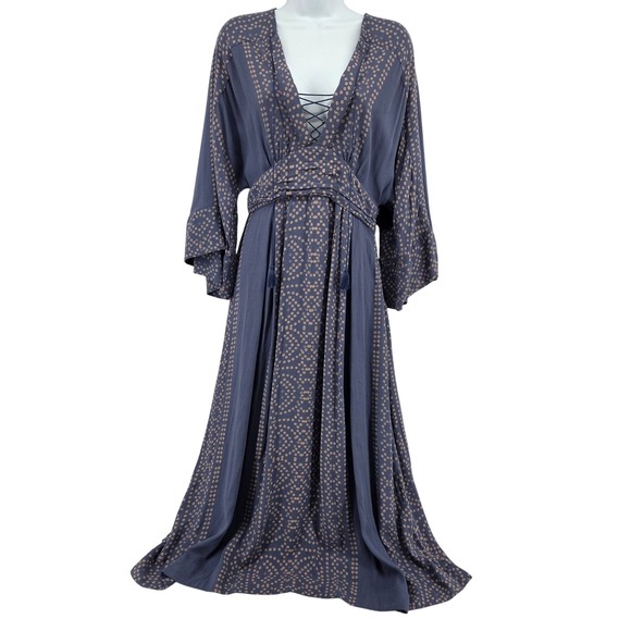 Free People Dresses & Skirts - Free People Modern Kimono Maxi Dress Boho V Neck Blue Lace Up Tassels Size 4